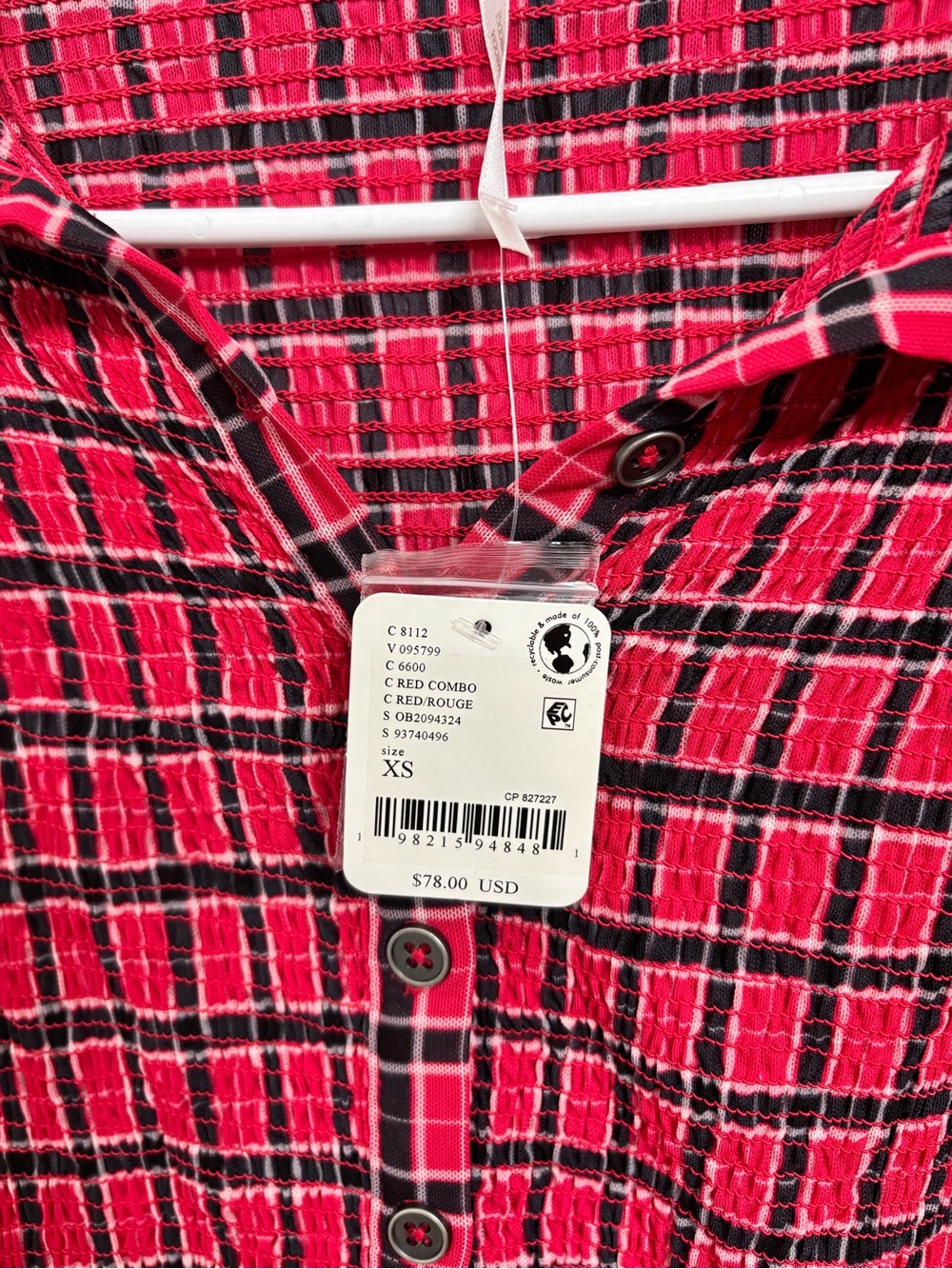 NWT Free People Red Plaid Smocked Button-Front Long Sleeve Top (Size XS) - Picture 5 of 5